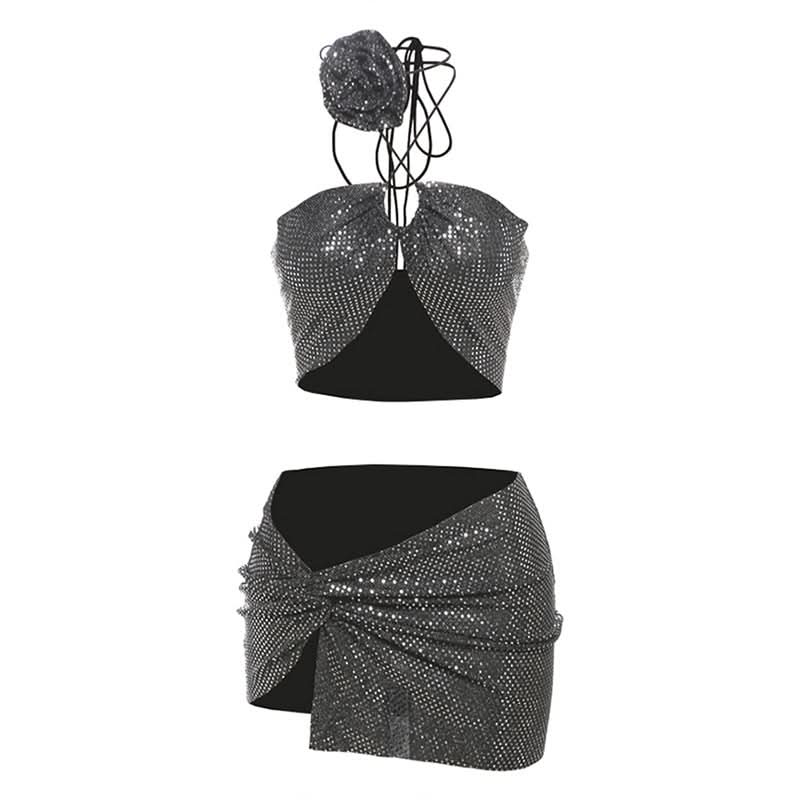 Halter glitter slit ruched flower applique mini skirt set