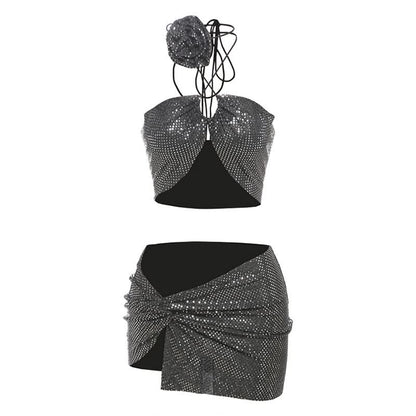 Halter glitter slit ruched flower applique mini skirt set