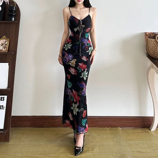 Flower print mesh self tie cami maxi dress