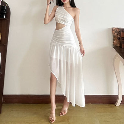 One shoulder hollow out ruched irregular cut out maxi dress