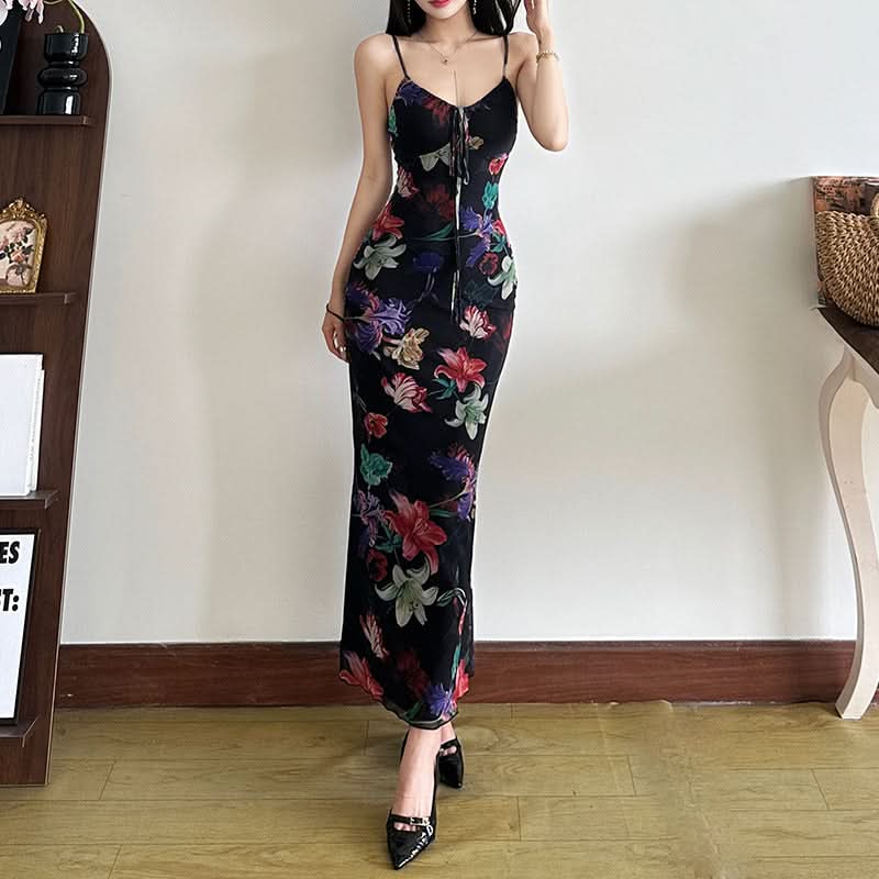 Flower print mesh self tie cami maxi dress