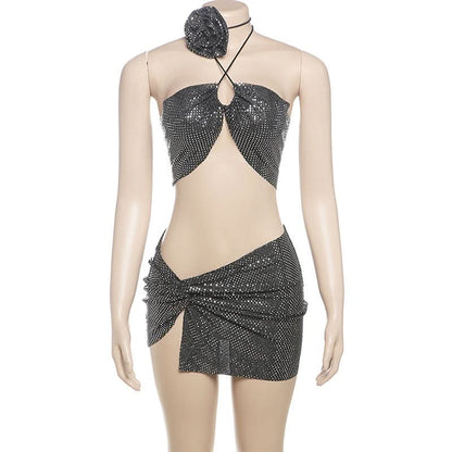 Halter glitter slit ruched flower applique mini skirt set