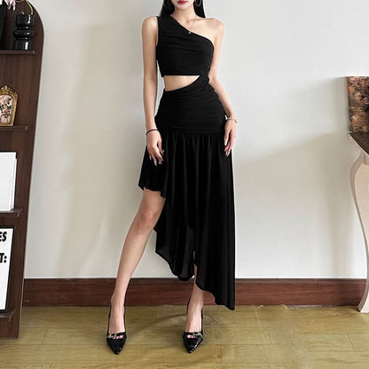One shoulder hollow out ruched irregular cut out maxi dress