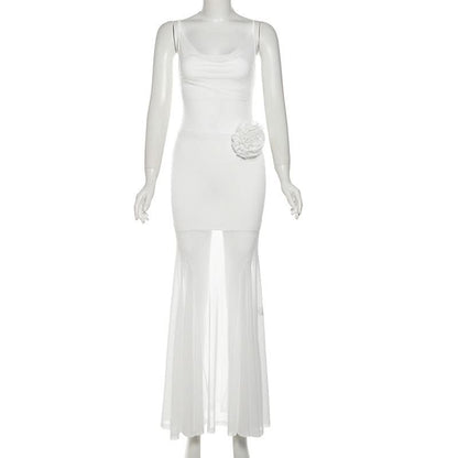 Cowl neck mesh flower applique cami maxi dress