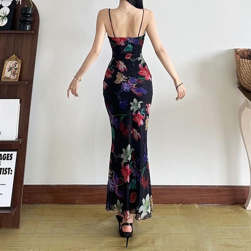 Flower print mesh self tie cami maxi dress