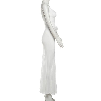 Cowl neck mesh flower applique cami maxi dress