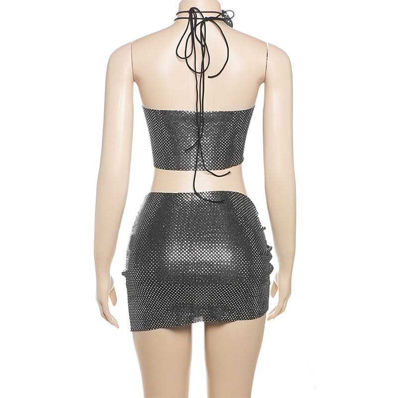 Halter glitter slit ruched flower applique mini skirt set