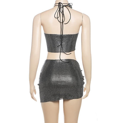 Halter glitter slit ruched flower applique mini skirt set