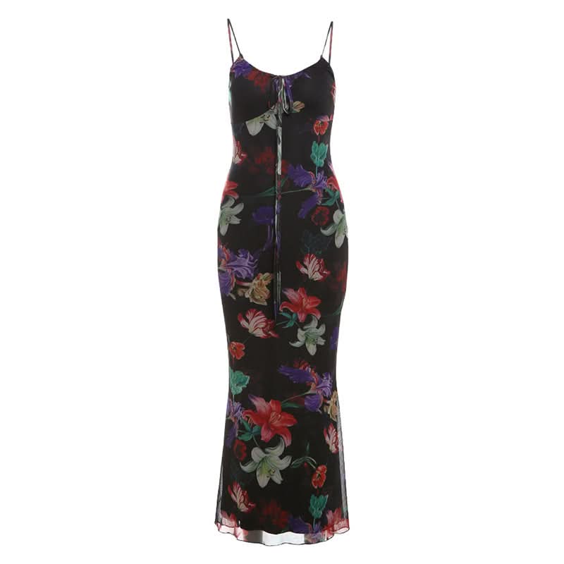 Flower print mesh self tie cami maxi dress