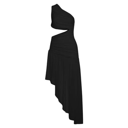 One shoulder hollow out ruched irregular cut out maxi dress