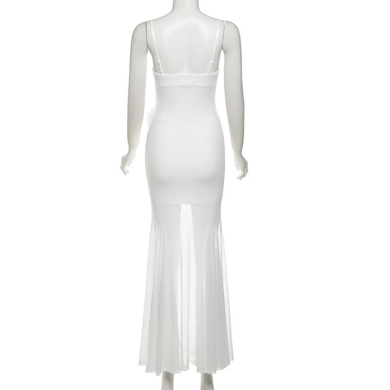 Cowl neck mesh flower applique cami maxi dress