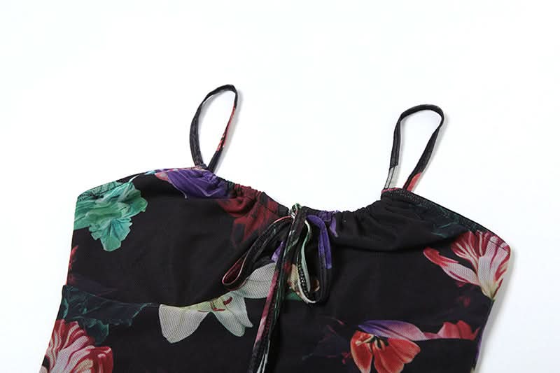 Flower print mesh self tie cami maxi dress
