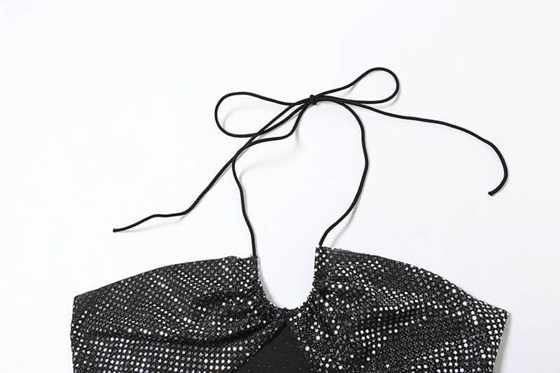 Halter glitter slit ruched flower applique mini skirt set