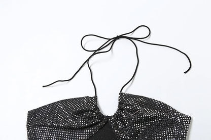 Halter glitter slit ruched flower applique mini skirt set