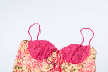 Lace patchwork flower print cami maxi dress