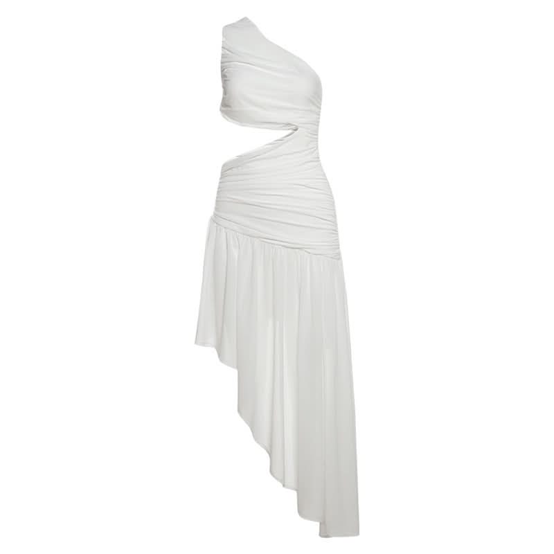 One shoulder hollow out ruched irregular cut out maxi dress