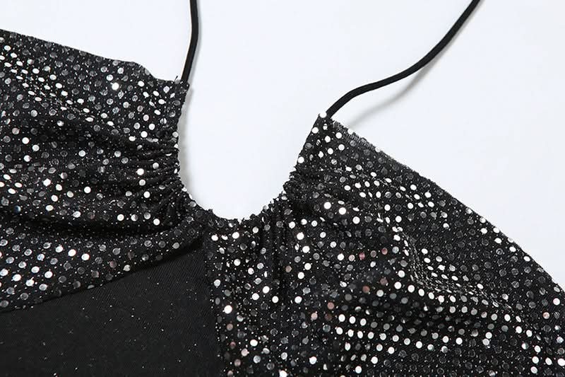 Halter glitter slit ruched flower applique mini skirt set