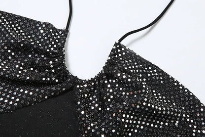 Halter glitter slit ruched flower applique mini skirt set