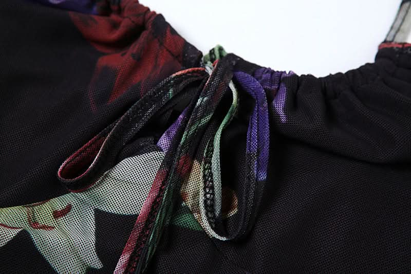 Flower print mesh self tie cami maxi dress