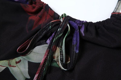 Flower print mesh self tie cami maxi dress