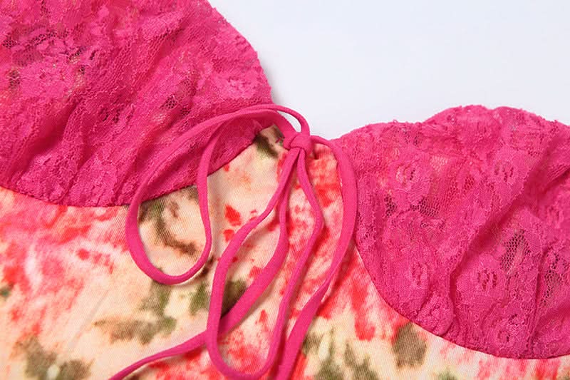 Lace patchwork flower print cami maxi dress