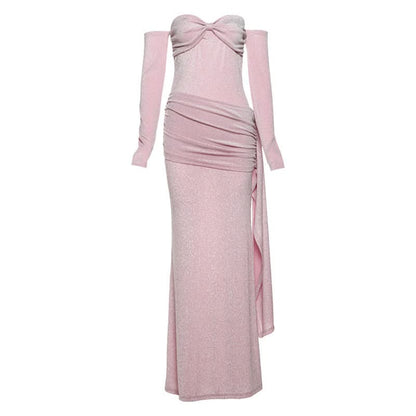 Off shoulder long sleeve glitter ruched maxi dress