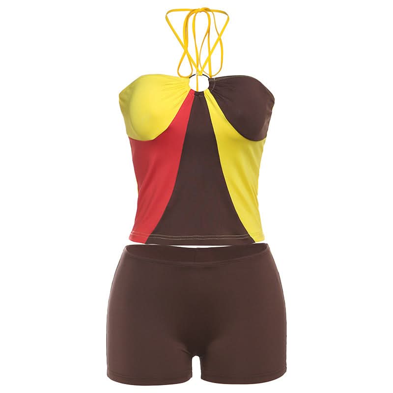 Halter contrast o ring short pant set