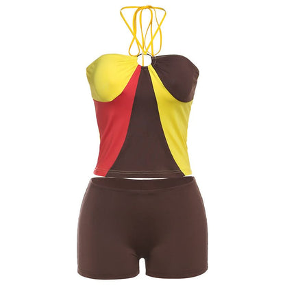 Halter contrast o ring short pant set