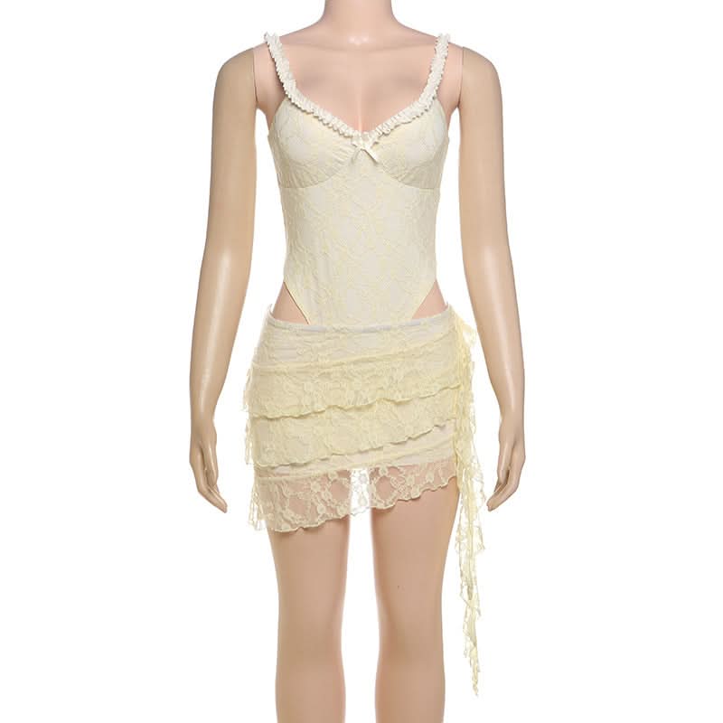 V neck ruffle lace bowknot cami mini skirt set