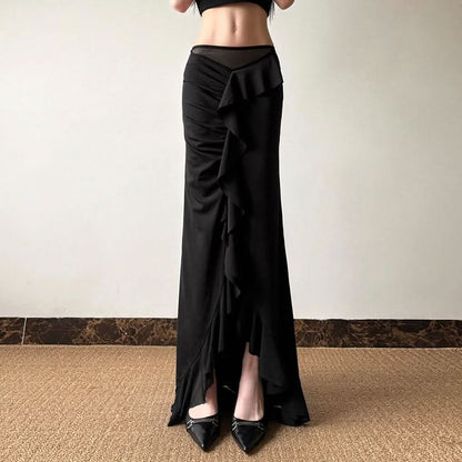 Ruffle ruched slit maxi skirt