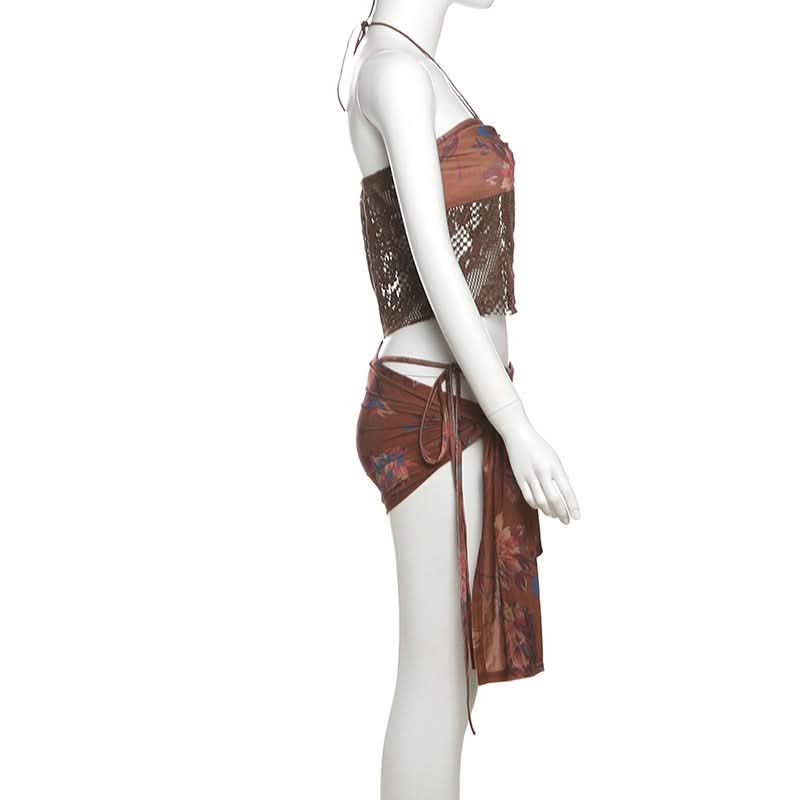 Halter contrast o ring knotted 3 piece mini skirt set