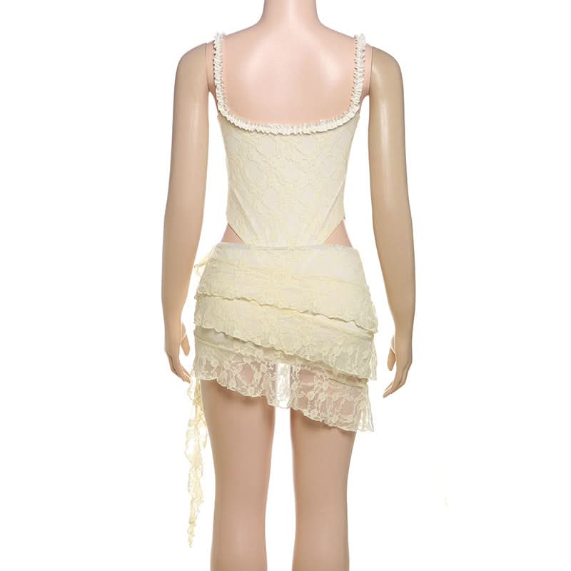 V neck ruffle lace bowknot cami mini skirt set