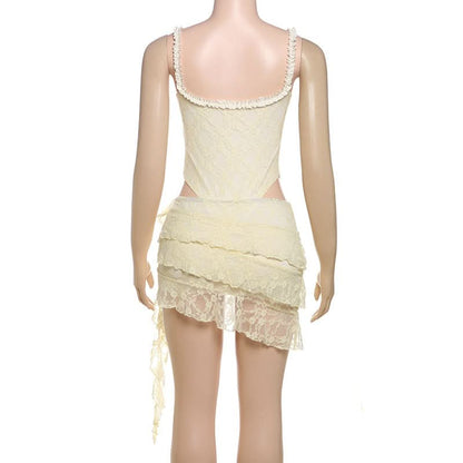 V neck ruffle lace bowknot cami mini skirt set