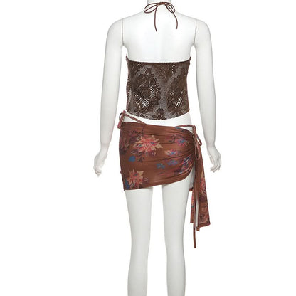 Halter contrast o ring knotted 3 piece mini skirt set