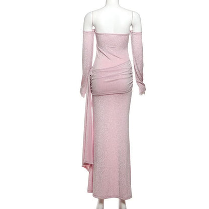 Off shoulder long sleeve glitter ruched maxi dress