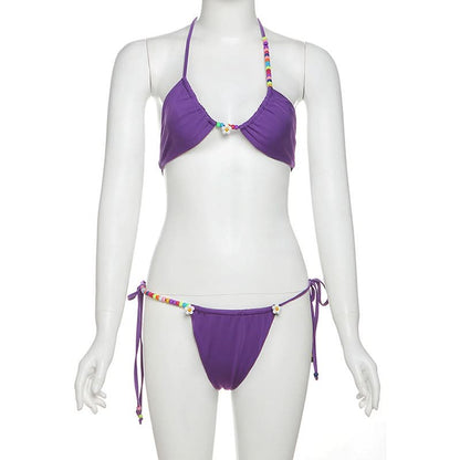 Halter beaded self tie short pant set