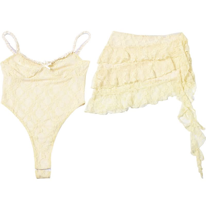 V neck ruffle lace bowknot cami mini skirt set