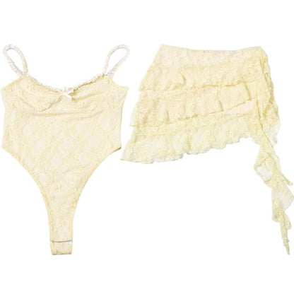 V neck ruffle lace bowknot cami mini skirt set