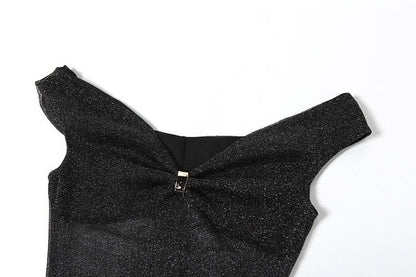 Off shoulder knotted glitter ruched maxi dress