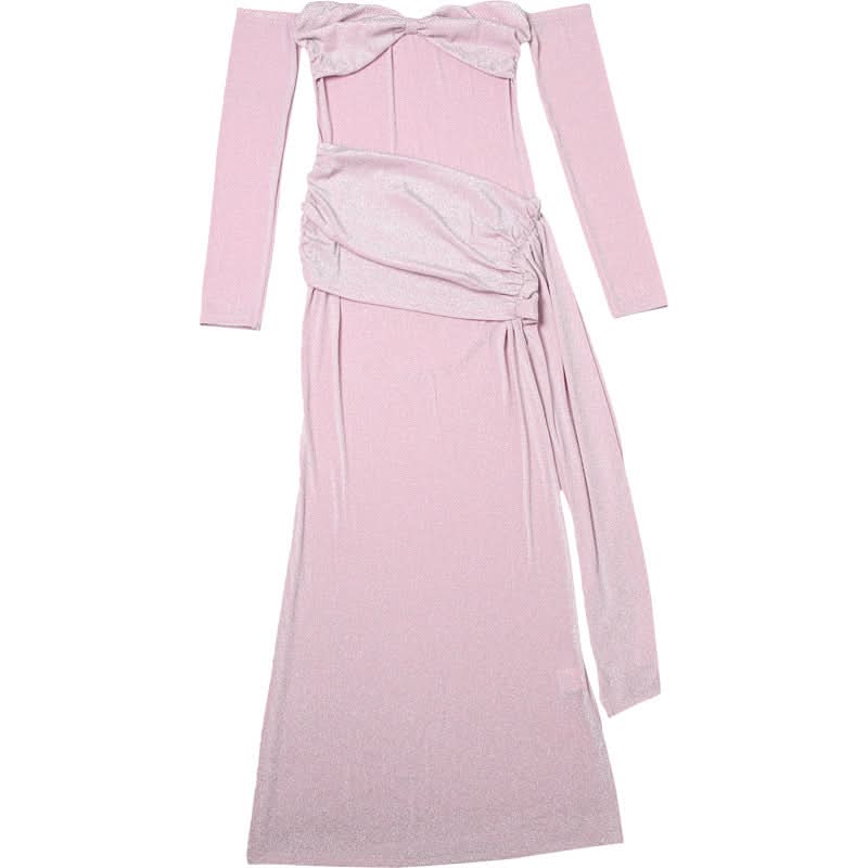 Off shoulder long sleeve glitter ruched maxi dress