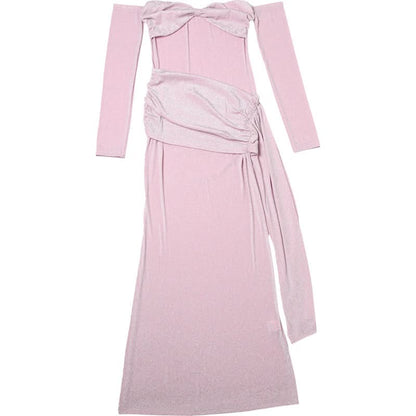 Off shoulder long sleeve glitter ruched maxi dress