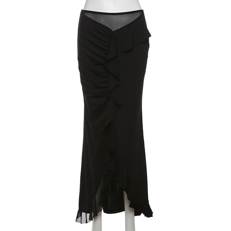 Ruffle ruched slit maxi skirt