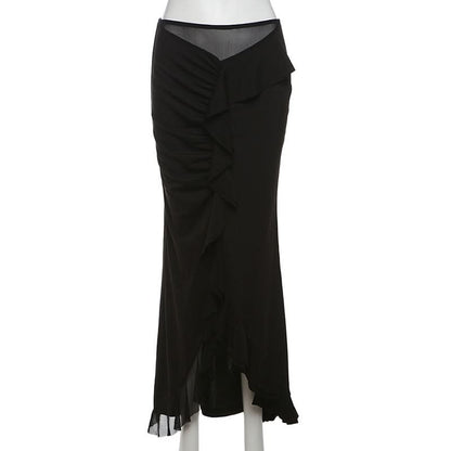 Ruffle ruched slit maxi skirt