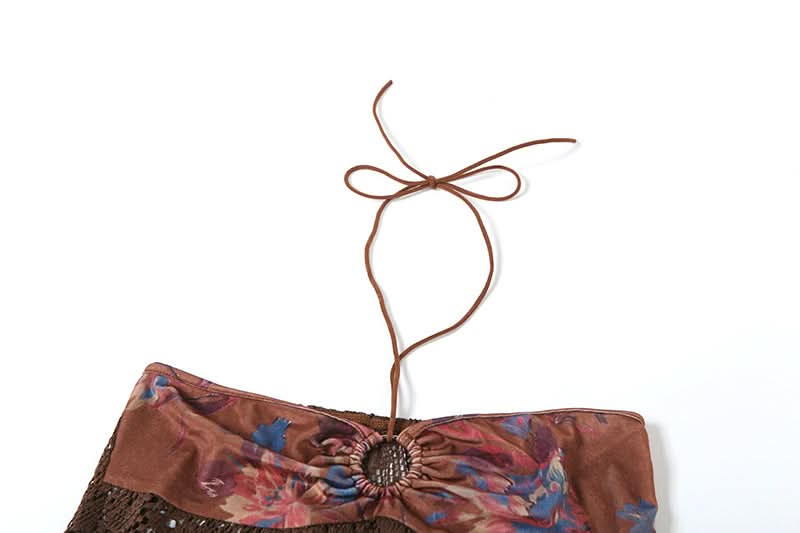 Halter contrast o ring knotted 3 piece mini skirt set