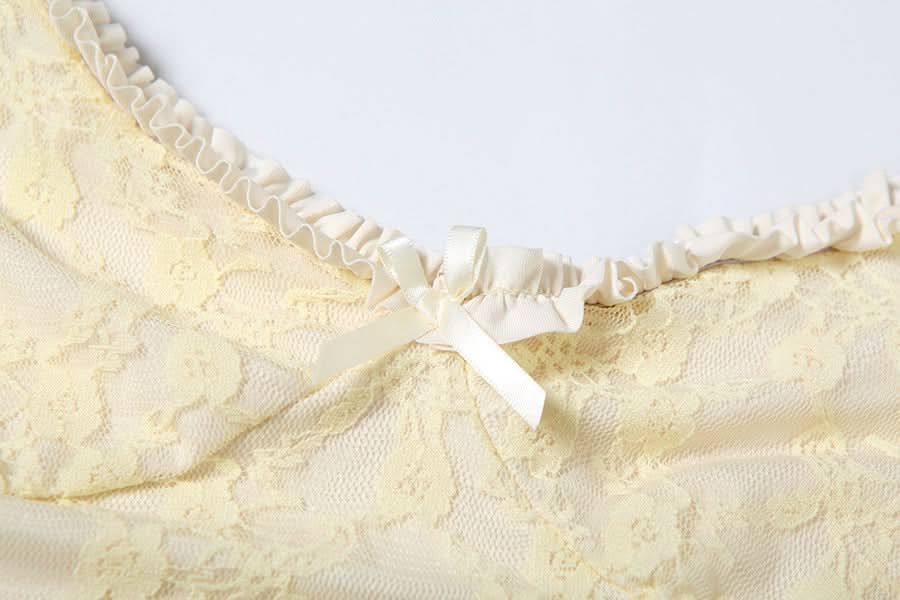 V neck ruffle lace bowknot cami mini skirt set