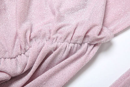 Off shoulder long sleeve glitter ruched maxi dress