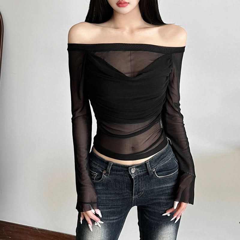 Long sleeve off shoulder mesh ruched top