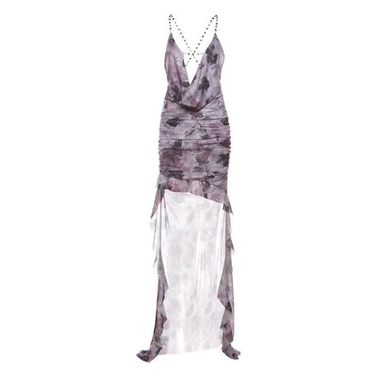 Cowl neck backless ruffle butterfly print mesh cami maxi dress
