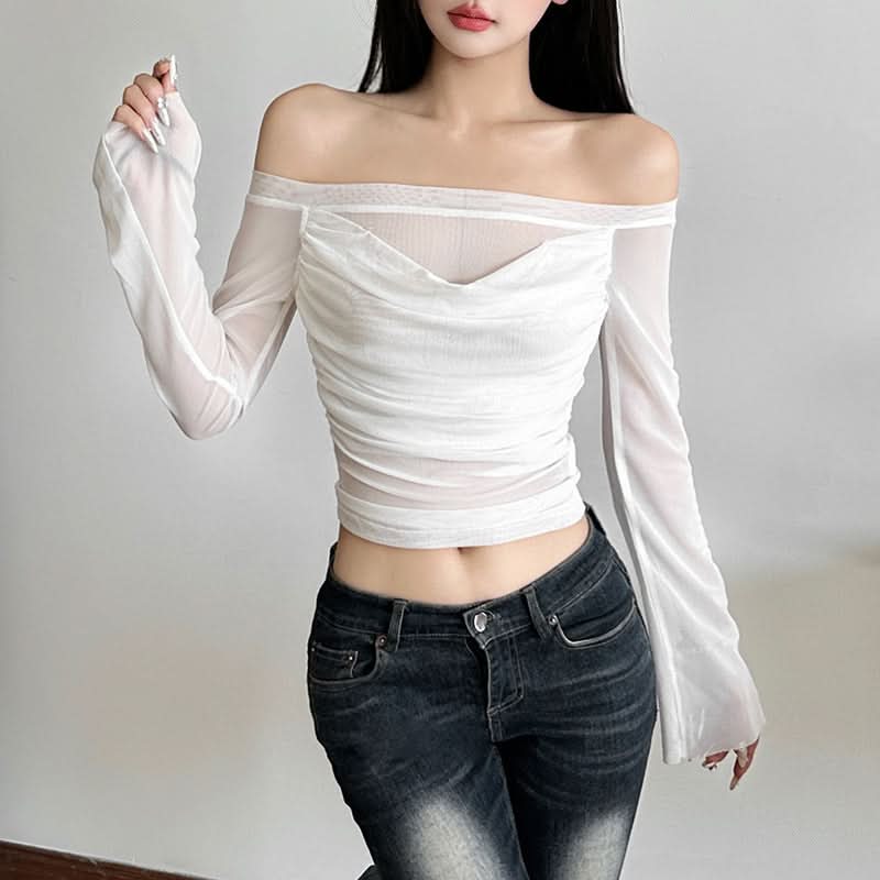 Long sleeve off shoulder mesh ruched top