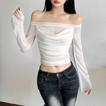 Long sleeve off shoulder mesh ruched top